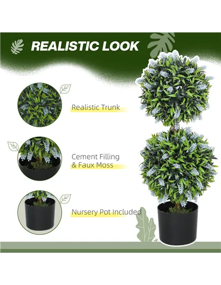 HOMCOM Set of 2 Decorative Artificial Plants Ball Trees with Lavender Flowers in Pot Fake Plants for Home Indoor Outdoor Decor, 