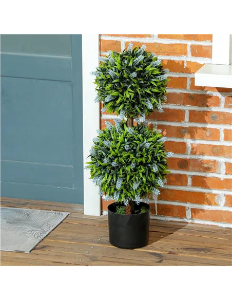 HOMCOM Set of 2 Decorative Artificial Plants Ball Trees with Lavender Flowers in Pot Fake Plants for Home Indoor Outdoor Decor, 