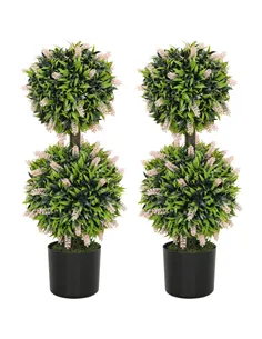 HOMCOM Set of 2 Decorative Artificial Plants Ball Trees with Lavender Flowers in Pot Fake Plants for Home Indoor Outdoor Decor, 