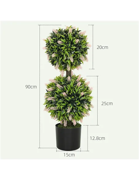 HOMCOM Set of 2 Decorative Artificial Plants Ball Trees with Lavender Flowers in Pot Fake Plants for Home Indoor Outdoor Decor, 