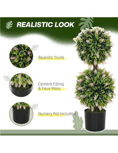 HOMCOM Set of 2 Decorative Artificial Plants Ball Trees with Lavender Flowers in Pot Fake Plants for Home Indoor Outdoor Decor, 