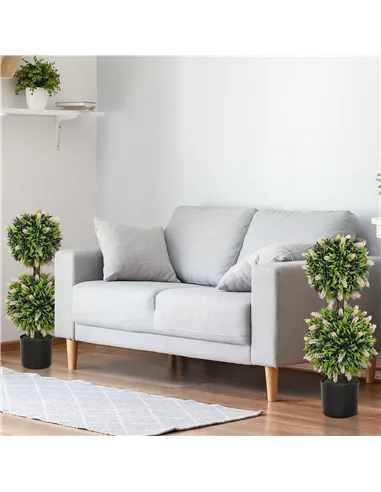 HOMCOM Set of 2 Decorative Artificial Plants Ball Trees with Lavender Flowers in Pot Fake Plants for Home Indoor Outdoor Decor, 