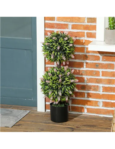 HOMCOM Set of 2 Decorative Artificial Plants Ball Trees with Lavender Flowers in Pot Fake Plants for Home Indoor Outdoor Decor, 