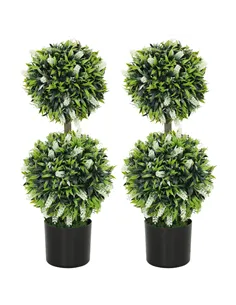 HOMCOM Set of 2 Decorative Artificial Plants Ball Trees with Lavender Flowers in Pot Fake Plants for Home Indoor Outdoor Decor, 
