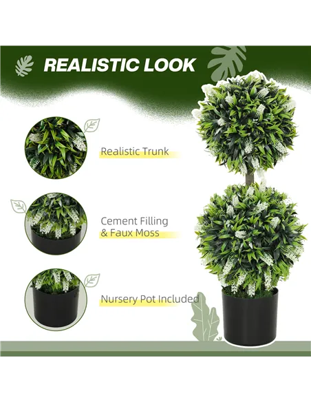 HOMCOM Set of 2 Decorative Artificial Plants Ball Trees with Lavender Flowers in Pot Fake Plants for Home Indoor Outdoor Decor, 