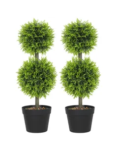 HOMCOM Set of 2 Decorative Artificial Plants, 60cm Faux Topiary Cypress Ball Trees with Plastic Pot and Pebbles, Fake Plants for