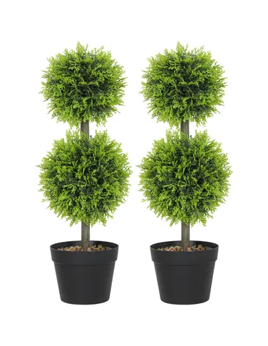 HOMCOM Set of 2 Decorative Artificial Plants, 60cm Faux Topiary Cypress Ball Trees with Plastic Pot and Pebbles, Fake Plants for