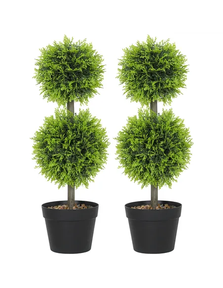 HOMCOM Set of 2 Decorative Artificial Plants, 60cm Faux Topiary Cypress Ball Trees with Plastic Pot and Pebbles, Fake Plants for
