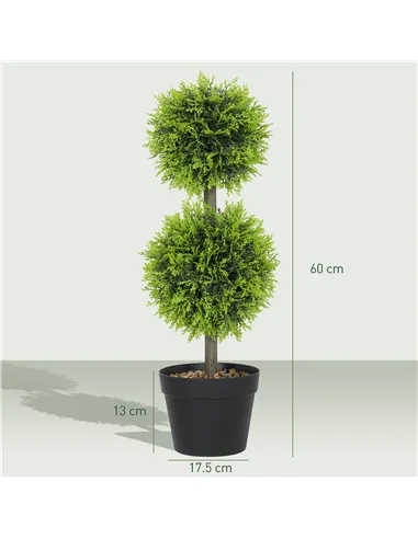 HOMCOM Set of 2 Decorative Artificial Plants, 60cm Faux Topiary Cypress Ball Trees with Plastic Pot and Pebbles, Fake Plants for