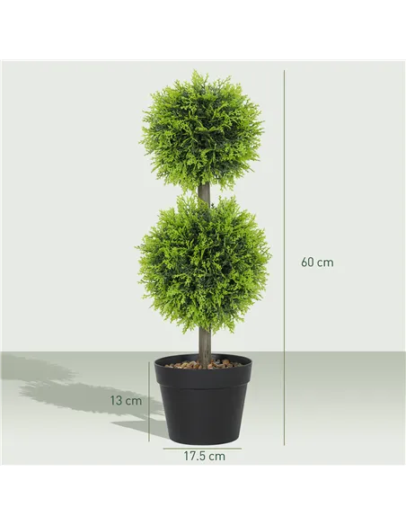 HOMCOM Set of 2 Decorative Artificial Plants, 60cm Faux Topiary Cypress Ball Trees with Plastic Pot and Pebbles, Fake Plants for