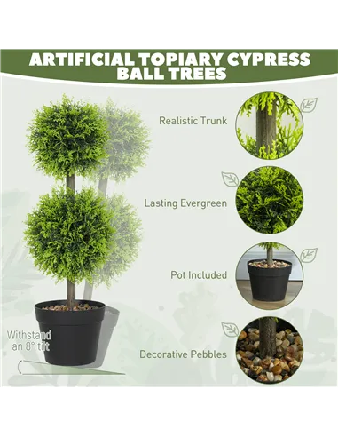 HOMCOM Set of 2 Decorative Artificial Plants, 60cm Faux Topiary Cypress Ball Trees with Plastic Pot and Pebbles, Fake Plants for