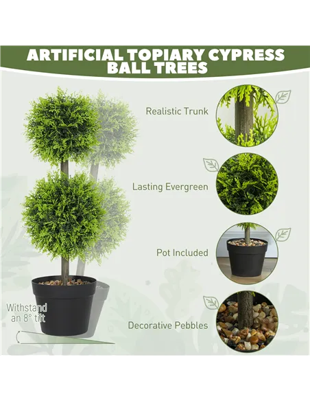 HOMCOM Set of 2 Decorative Artificial Plants, 60cm Faux Topiary Cypress Ball Trees with Plastic Pot and Pebbles, Fake Plants for