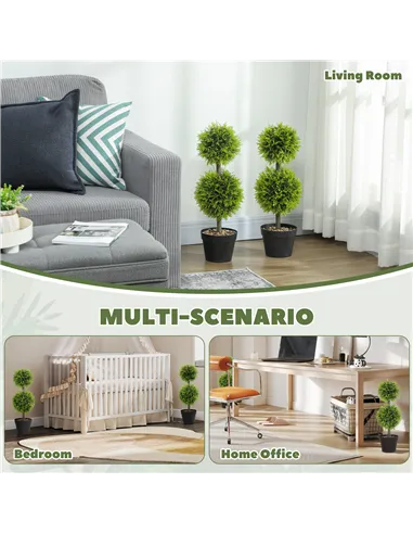 HOMCOM Set of 2 Decorative Artificial Plants, 60cm Faux Topiary Cypress Ball Trees with Plastic Pot and Pebbles, Fake Plants for