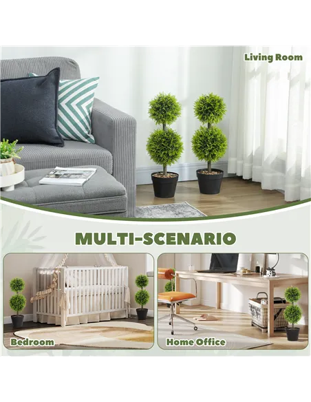 HOMCOM Set of 2 Decorative Artificial Plants, 60cm Faux Topiary Cypress Ball Trees with Plastic Pot and Pebbles, Fake Plants for