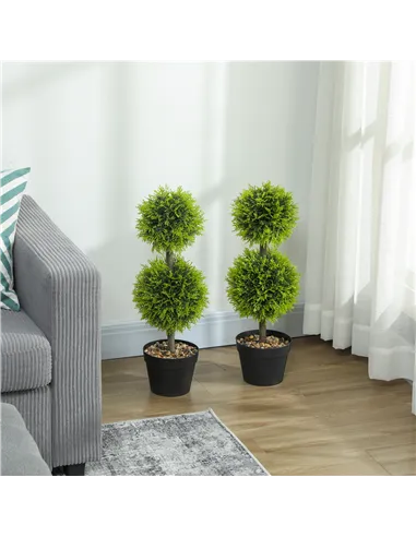 HOMCOM Set of 2 Decorative Artificial Plants, 60cm Faux Topiary Cypress Ball Trees with Plastic Pot and Pebbles, Fake Plants for