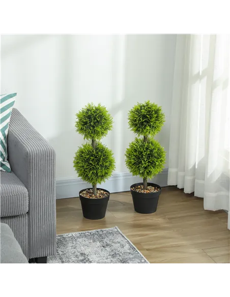 HOMCOM Set of 2 Decorative Artificial Plants, 60cm Faux Topiary Cypress Ball Trees with Plastic Pot and Pebbles, Fake Plants for