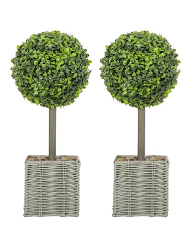 HOMCOM Set of 2 Decorative Artificial Plants, 50cm Faux Boxwood Topiary Balls with Woven Plastic Pot and Pebbles, Fake Plants fo