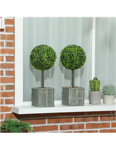 HOMCOM Set of 2 Decorative Artificial Plants, 50cm Faux Boxwood Topiary Balls with Woven Plastic Pot and Pebbles, Fake Plants fo 2