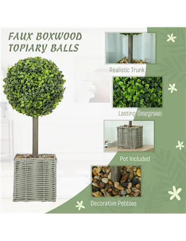 HOMCOM Set of 2 Decorative Artificial Plants, 50cm Faux Boxwood Topiary Balls with Woven Plastic Pot and Pebbles, Fake Plants fo