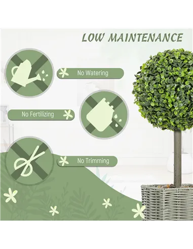 HOMCOM Set of 2 Decorative Artificial Plants, 50cm Faux Boxwood Topiary Balls with Woven Plastic Pot and Pebbles, Fake Plants fo