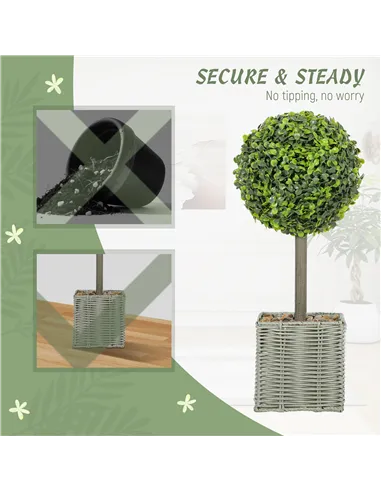 HOMCOM Set of 2 Decorative Artificial Plants, 50cm Faux Boxwood Topiary Balls with Woven Plastic Pot and Pebbles, Fake Plants fo