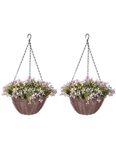 HOMCOM Artificial Flowers in Basket Set of 2, Artificial Hanging Baskets with 75 Leaves and 15 Flowers in Pot, Decorative Plant 