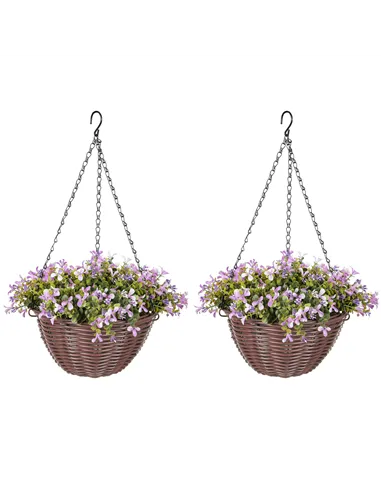 HOMCOM Artificial Flowers in Basket Set of 2, Artificial Hanging Baskets with 75 Leaves and 15 Flowers in Pot, Decorative Plant 