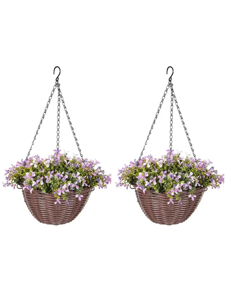 HOMCOM Artificial Flowers in Basket Set of 2, Artificial Hanging Baskets with 75 Leaves and 15 Flowers in Pot, Decorative Plant 