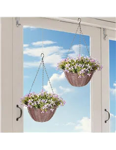 HOMCOM Artificial Flowers in Basket Set of 2, Artificial Hanging Baskets with 75 Leaves and 15 Flowers in Pot, Decorative Plant  2