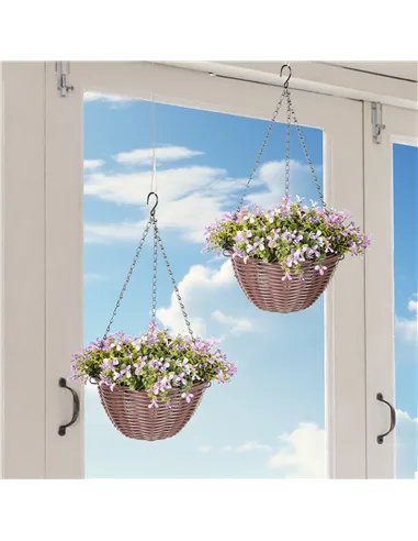 HOMCOM Artificial Flowers in Basket Set of 2, Artificial Hanging Baskets with 75 Leaves and 15 Flowers in Pot, Decorative Plant 