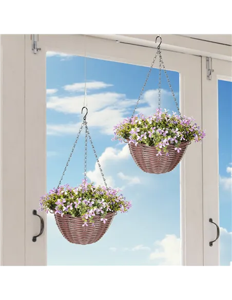 HOMCOM Artificial Flowers in Basket Set of 2, Artificial Hanging Baskets with 75 Leaves and 15 Flowers in Pot, Decorative Plant 