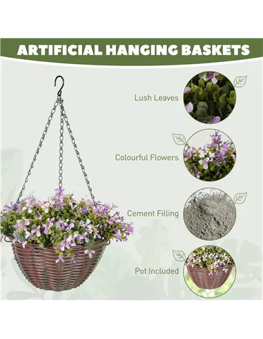 HOMCOM Artificial Flowers in Basket Set of 2, Artificial Hanging Baskets with 75 Leaves and 15 Flowers in Pot, Decorative Plant 