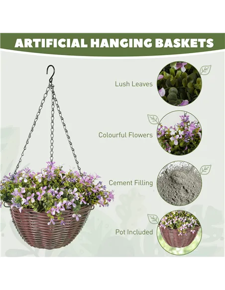 HOMCOM Artificial Flowers in Basket Set of 2, Artificial Hanging Baskets with 75 Leaves and 15 Flowers in Pot, Decorative Plant 