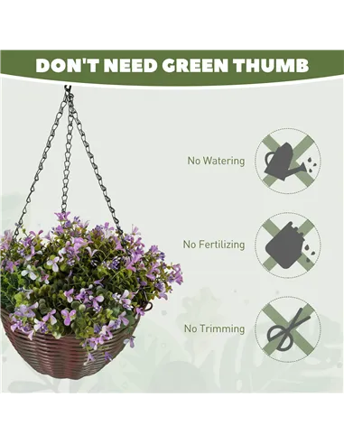 HOMCOM Artificial Flowers in Basket Set of 2, Artificial Hanging Baskets with 75 Leaves and 15 Flowers in Pot, Decorative Plant 