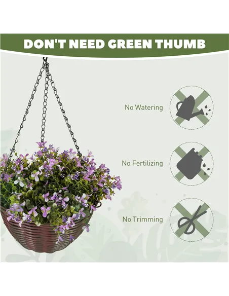 HOMCOM Artificial Flowers in Basket Set of 2, Artificial Hanging Baskets with 75 Leaves and 15 Flowers in Pot, Decorative Plant 