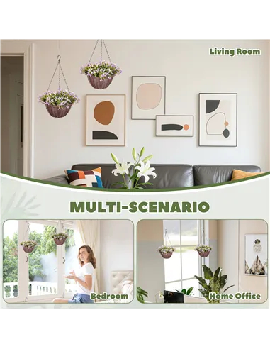 HOMCOM Artificial Flowers in Basket Set of 2, Artificial Hanging Baskets with 75 Leaves and 15 Flowers in Pot, Decorative Plant 