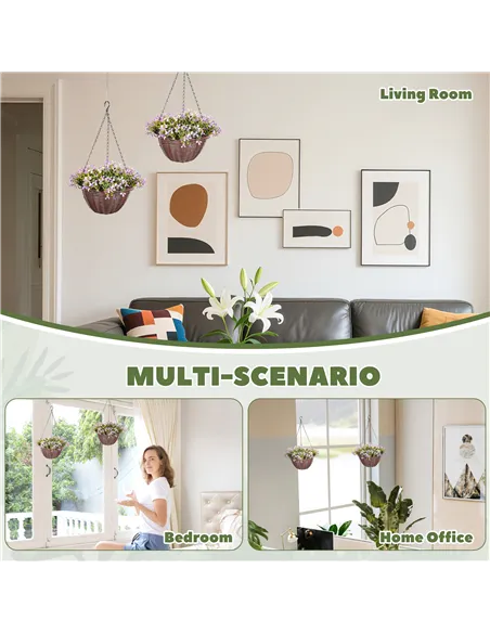 HOMCOM Artificial Flowers in Basket Set of 2, Artificial Hanging Baskets with 75 Leaves and 15 Flowers in Pot, Decorative Plant 