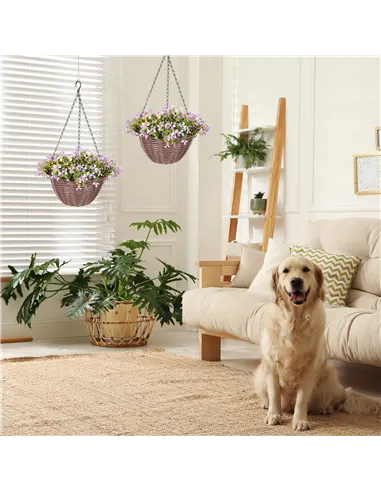 HOMCOM Artificial Flowers in Basket Set of 2, Artificial Hanging Baskets with 75 Leaves and 15 Flowers in Pot, Decorative Plant 