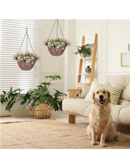 HOMCOM Artificial Flowers in Basket Set of 2, Artificial Hanging Baskets with 75 Leaves and 15 Flowers in Pot, Decorative Plant 