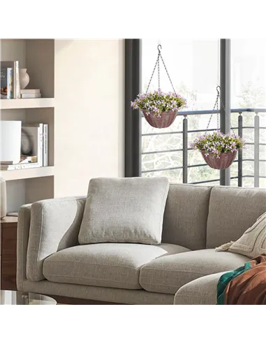 HOMCOM Artificial Flowers in Basket Set of 2, Artificial Hanging Baskets with 75 Leaves and 15 Flowers in Pot, Decorative Plant 