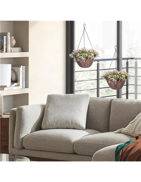 HOMCOM Artificial Flowers in Basket Set of 2, Artificial Hanging Baskets with 75 Leaves and 15 Flowers in Pot, Decorative Plant 