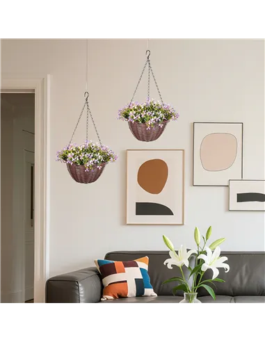 HOMCOM Artificial Flowers in Basket Set of 2, Artificial Hanging Baskets with 75 Leaves and 15 Flowers in Pot, Decorative Plant 