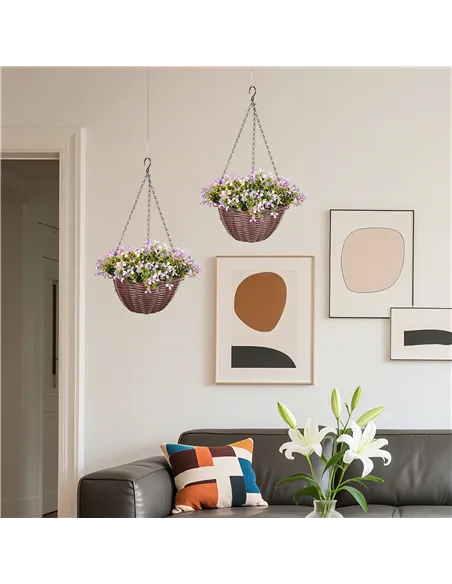 HOMCOM Artificial Flowers in Basket Set of 2, Artificial Hanging Baskets with 75 Leaves and 15 Flowers in Pot, Decorative Plant 
