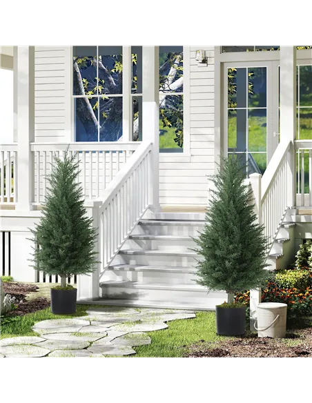 HOMCOM Set of 2 Decorative Artificial Plant, 90 cm Cypress Tree with 362 Leaves in Pot, UV-Resistant Plastic Fake Tree for Indoo