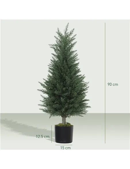 HOMCOM Set of 2 Decorative Artificial Plant, 90 cm Cypress Tree with 362 Leaves in Pot, UV-Resistant Plastic Fake Tree for Indoo