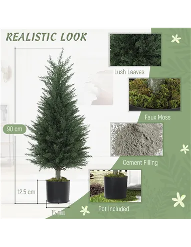 HOMCOM Set of 2 Decorative Artificial Plant, 90 cm Cypress Tree with 362 Leaves in Pot, UV-Resistant Plastic Fake Tree for Indoo