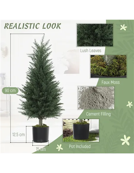 HOMCOM Set of 2 Decorative Artificial Plant, 90 cm Cypress Tree with 362 Leaves in Pot, UV-Resistant Plastic Fake Tree for Indoo