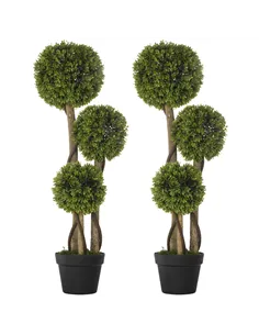 HOMCOM Set of 2 Decorative Artificial Plants, Boxwood Ball Topiary Trees in Pot Fake Plants for Home, Indoor&Outdoor Decor, 90 c