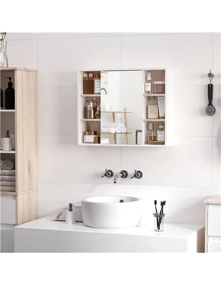 HOMCOM Bathroom Mirror Cabinet, Wall Mounted Storage Cabinet with Open Cupboard and Adjustable Shelf, White