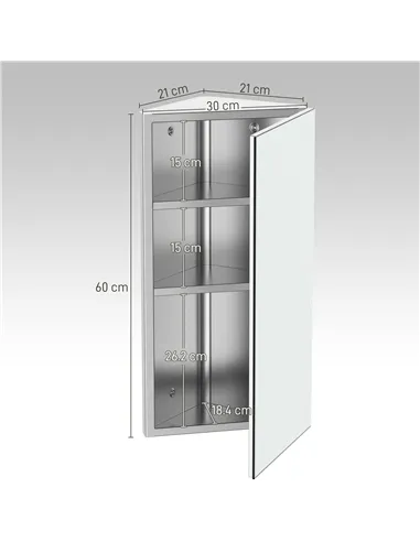 HOMCOM Stainless Steel Wall mounted Bathroom Corner Mirror Storage Cabinet Single Door 300mm (W)